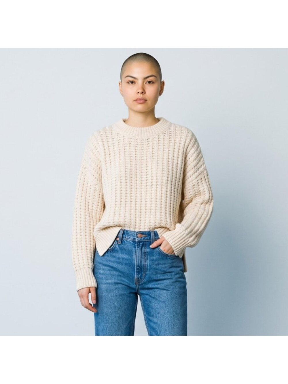 Weekend Stories Womens L Wool Mohair Blend Open Knit Sweater Cream Oversized